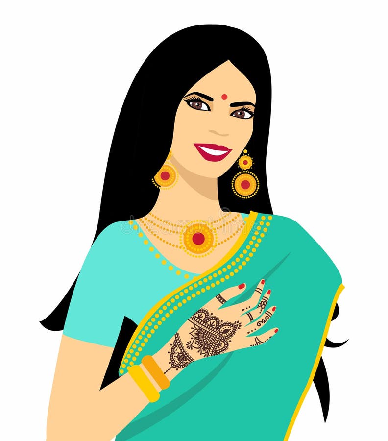 Beautiful Indian brunette young woman in sari. vector illustration Beautiful Indian brunette young woman in sari. vector illustration