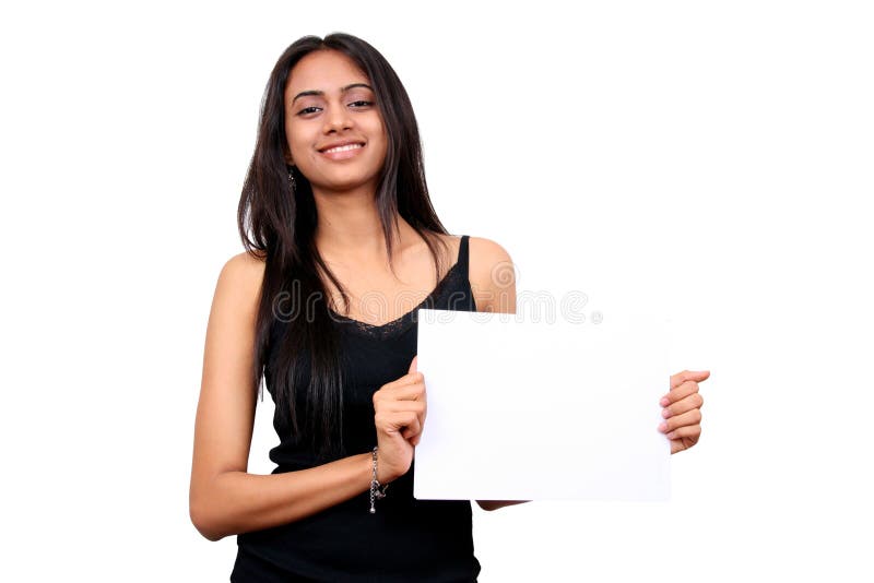 Beautiful Indian Girl Holding A White Sign. Stock Photo Image of