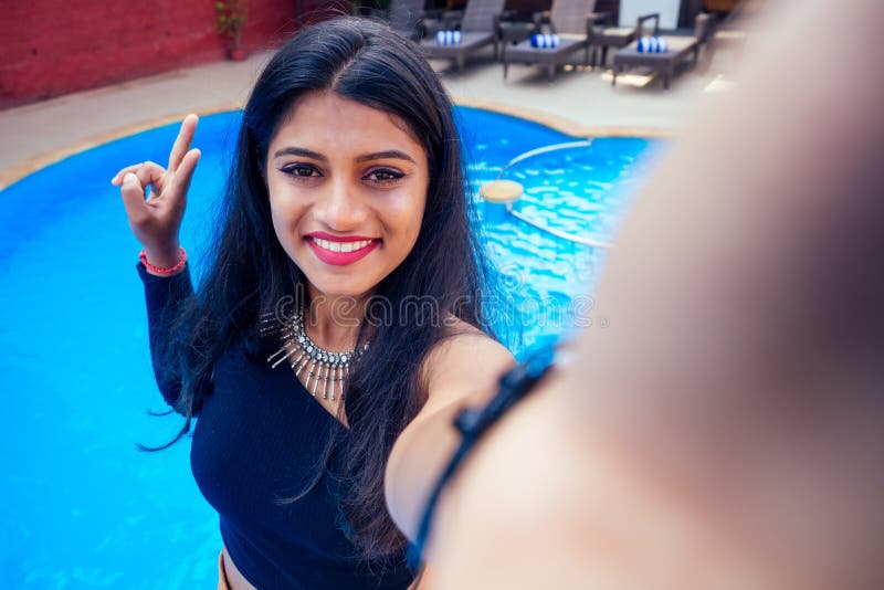 Beautiful Indian Woman Toothy White Smile Selfie Portrait on Smartphone  Camera Summer Cafe by Sea by the Swimming Pool Stock Photo - Image of  beautiful, chat: 159381506