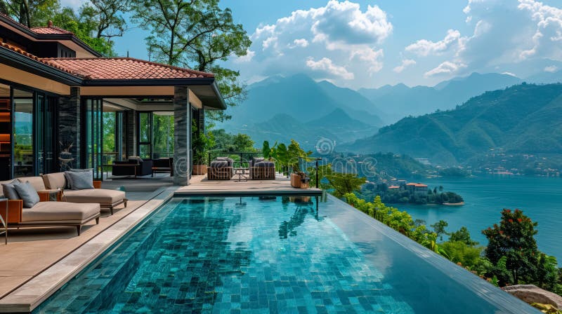 Beautiful infinity pool overlooking a picturesque mountain landscape royalty free illustration