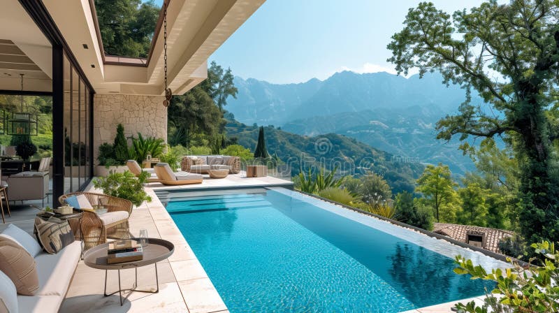 Beautiful infinity pool overlooking a picturesque mountain landscape stock illustration