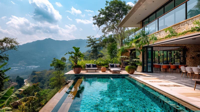 Beautiful infinity pool overlooking a picturesque mountain landscape royalty free illustration