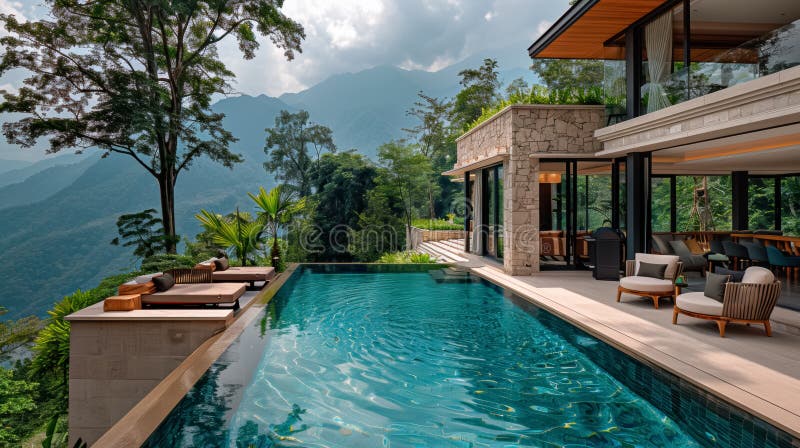 Beautiful infinity pool overlooking a picturesque mountain landscape royalty free illustration