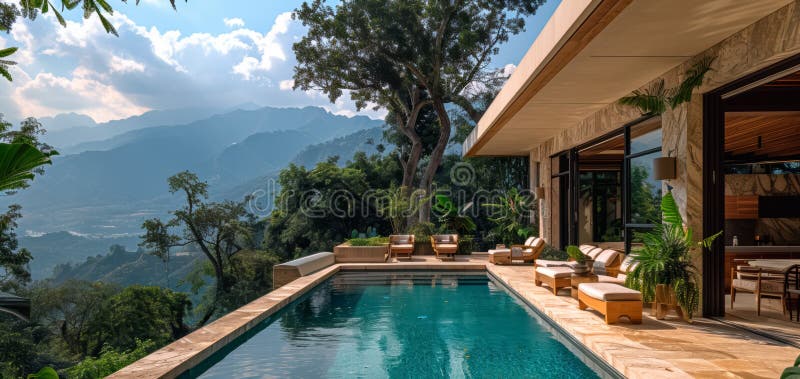 Beautiful infinity pool overlooking a picturesque mountain landscape stock illustration