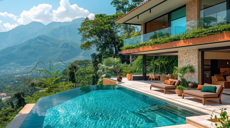 Beautiful infinity pool overlooking a picturesque mountain landscape vector illustration