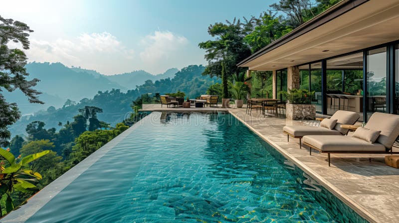 Beautiful infinity pool overlooking a picturesque mountain landscape stock illustration
