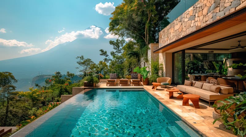 Beautiful infinity pool overlooking a picturesque mountain landscape vector illustration