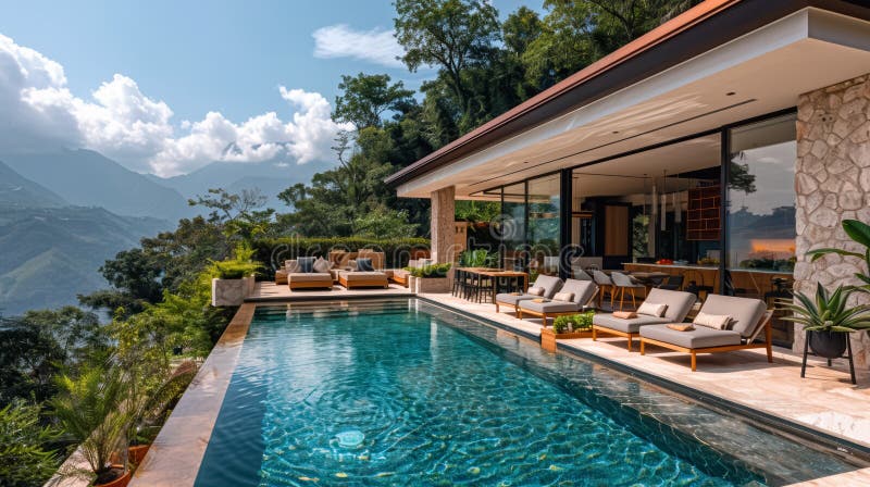 Beautiful infinity pool overlooking a picturesque mountain landscape stock illustration