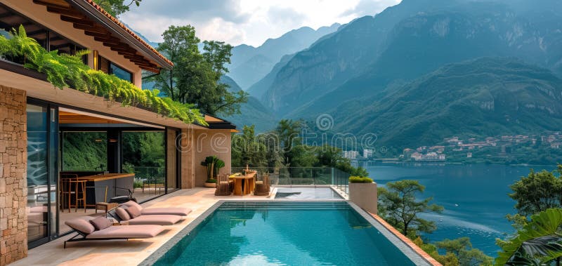 Beautiful infinity pool overlooking a picturesque mountain landscape vector illustration