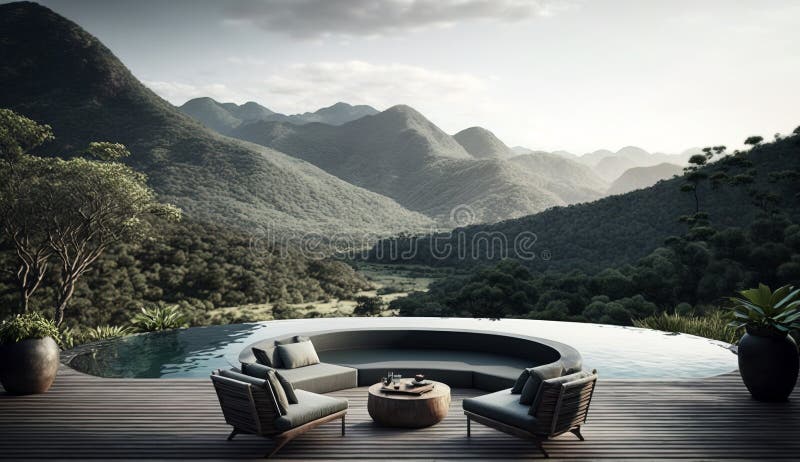 Beautiful infinity pool overlooking a picturesque mountain landscape, Generative AI royalty free illustration