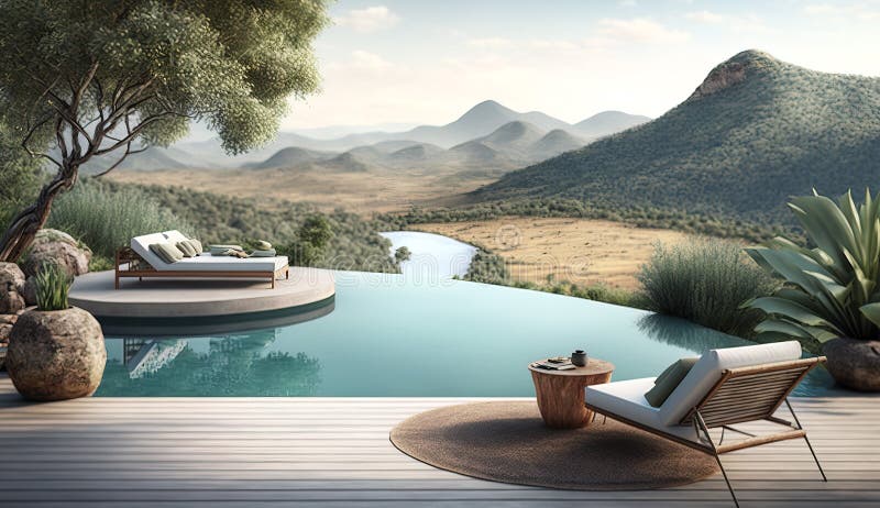Beautiful infinity pool overlooking a picturesque mountain landscape, Generative AI vector illustration
