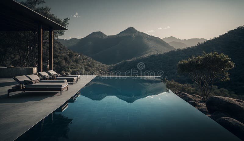Beautiful infinity pool overlooking a picturesque mountain landscape, Generative AI stock illustration