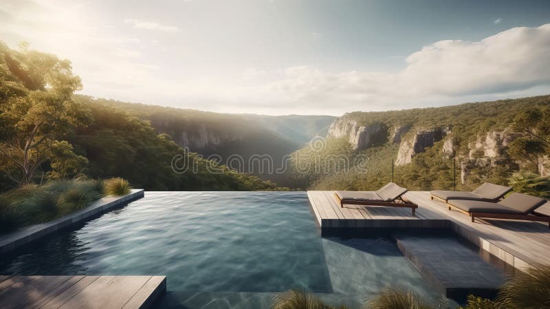Beautiful infinity pool overlooking a picturesque mountain landscape, Generative AI stock illustration
