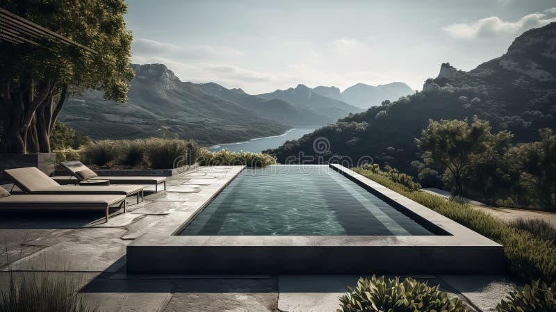 Beautiful infinity pool overlooking a picturesque mountain landscape, Generative AI stock illustration
