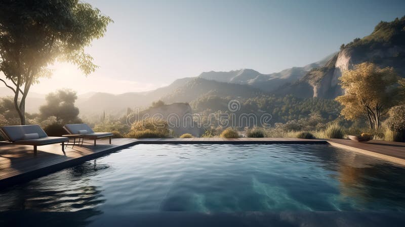 Beautiful infinity pool overlooking a picturesque mountain landscape, Generative AI stock illustration