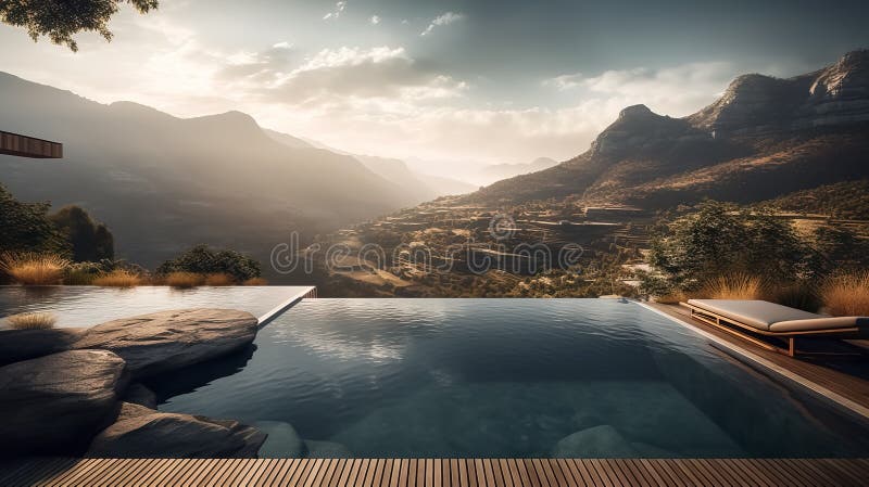 Beautiful infinity pool overlooking a picturesque mountain landscape, Generative AI royalty free illustration