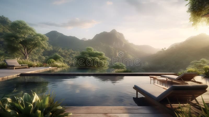 Beautiful infinity pool overlooking a picturesque mountain landscape, Generative AI stock illustration