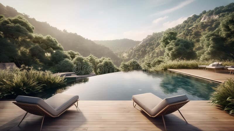 Beautiful infinity pool overlooking a picturesque mountain landscape, Generative AI vector illustration