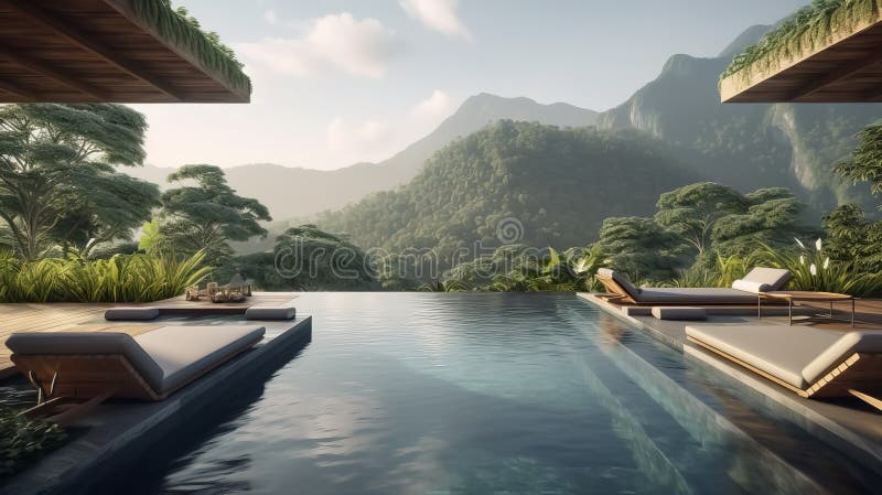 Beautiful infinity pool overlooking a picturesque mountain landscape, Generative AI royalty free illustration