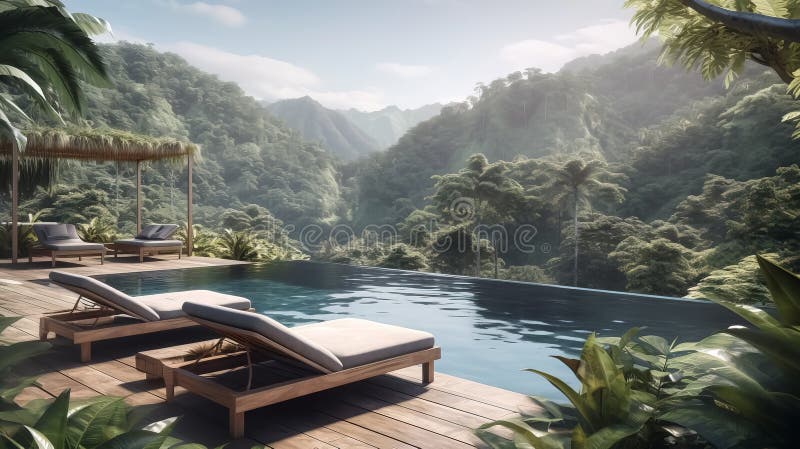 Beautiful infinity pool overlooking a picturesque mountain landscape, Generative AI stock illustration