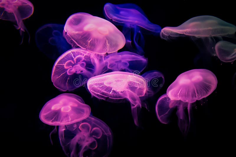 Beautiful jellyfish moving through the water neon lights stock photos Beautiful jellyfish moving through the water neon lights stock photos