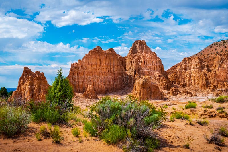 Gorgeous dessert scene along the Juniper Draw Trail, Cathedral Gorge State Park, Nevada - plants and land formations. Gorgeous dessert scene along the Juniper Draw Trail, Cathedral Gorge State Park, Nevada - plants and land formations