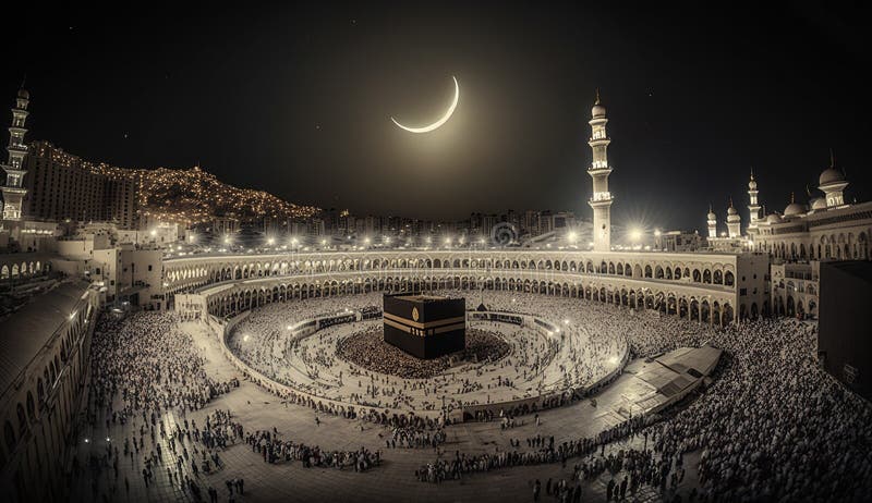 Illustration of the Kaaba and the Crescent Moon in Shiny Generate AI