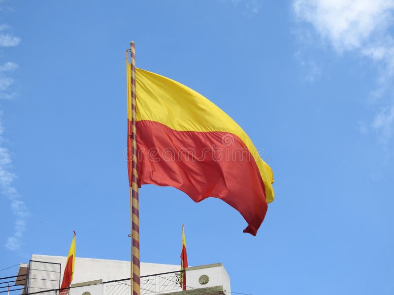 Beautiful Karnataka Yellow and Red Color Flag Waving or Flying in a Sky  Background Stock Photo - Image of kannada, closeup: 202461128