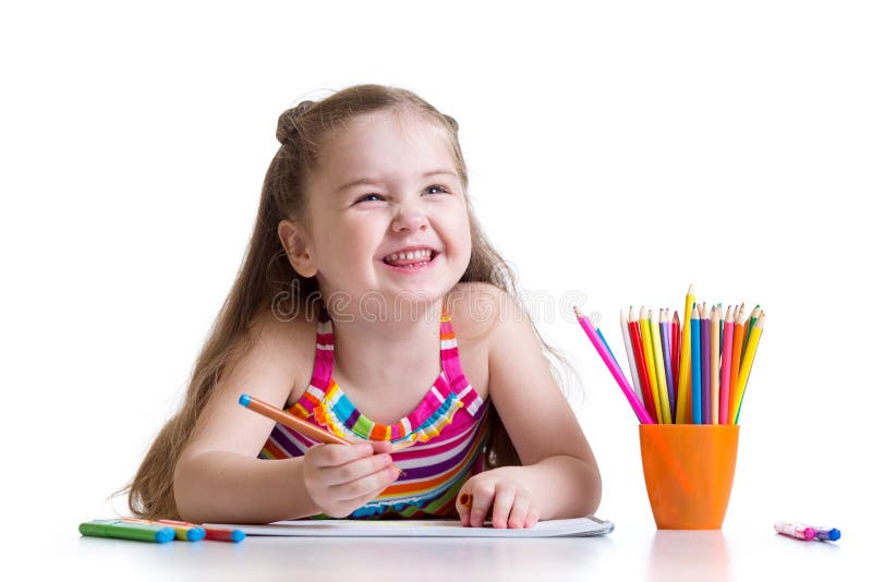 Beautiful kid girl drawing pencils in a sketch pad isolated on white background