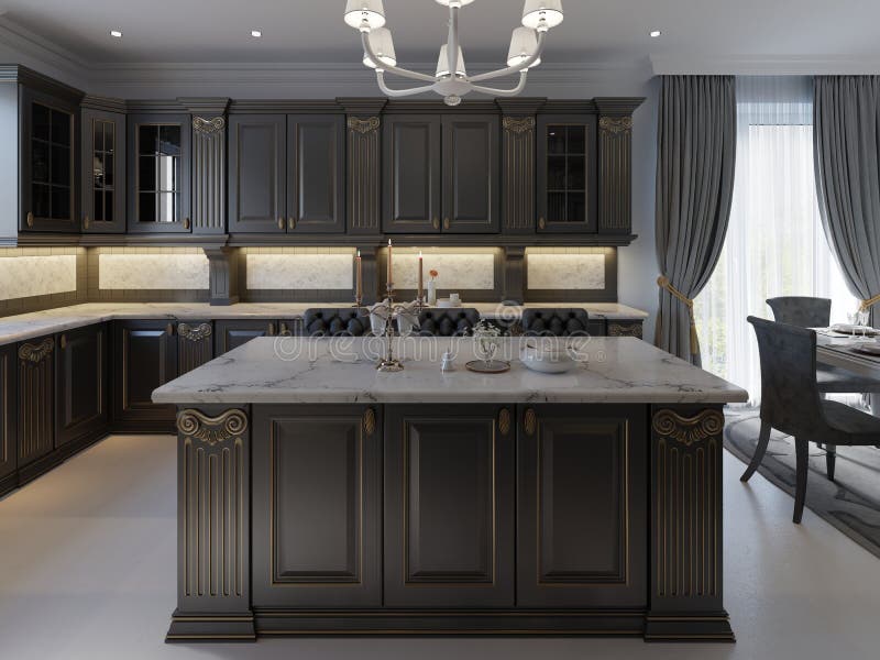 Beautiful Kitchen In New Luxury Home With Island Pendant Lights