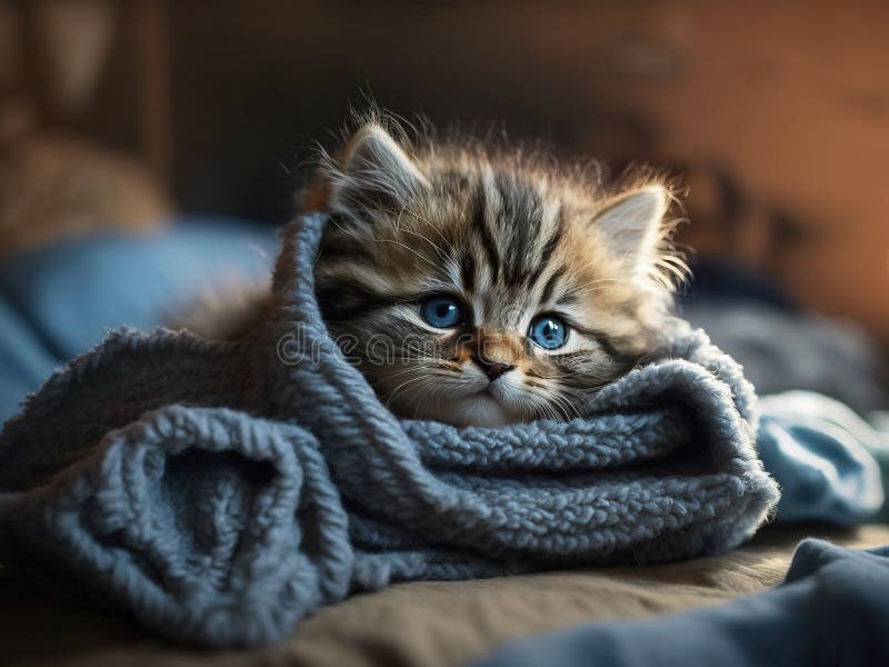 Beautiful Kitten with a Blanket . AI Generated Illustration Stock