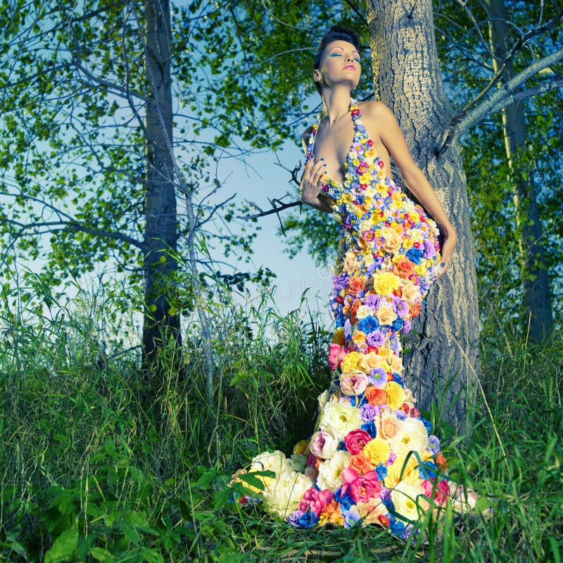 Beautiful Lady in Dress of Flowers Stock Image Image of female