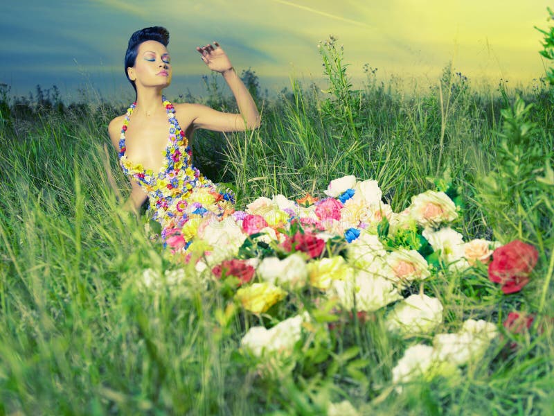Beautiful Lady in Dress of Flowers Stock Image Image of daydreaming
