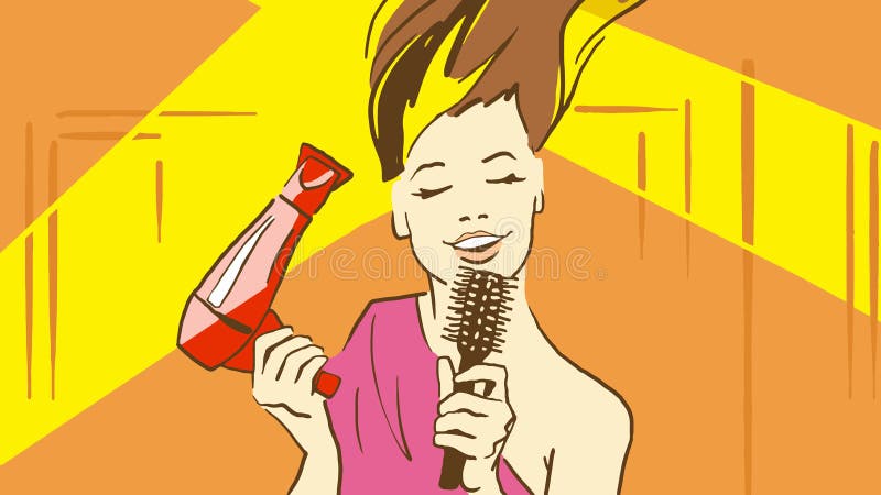 Cartoon Beautiful Lady Drying Her Hair by Hairdryer And Sinnging Song Holding a Hair Brush Like Microphone vector illustration Cartoon Beautiful Lady Drying Her Hair by Hairdryer And Sinnging Song Holding a Hair Brush Like Microphone vector illustration