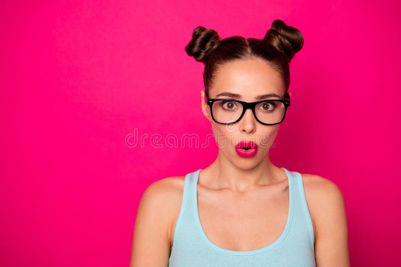 Photo of attractive shocked lady bright lipstick arms hold