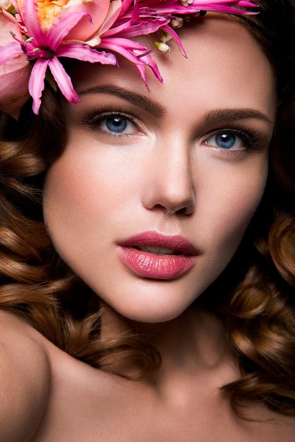 Beautiful Lady with a Wreath of Flowers Stock Photo Image of