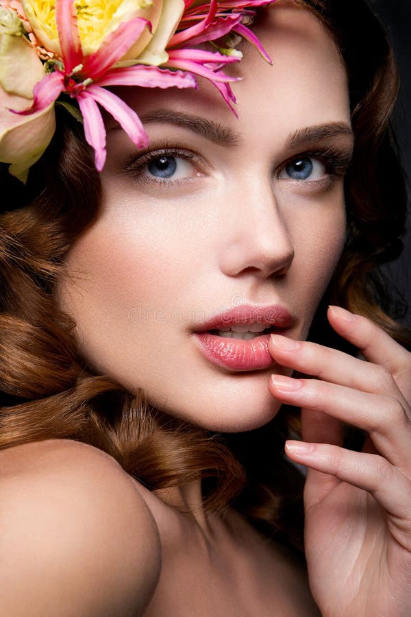 Beautiful Lady with a Wreath of Flowers Stock Photo Image of