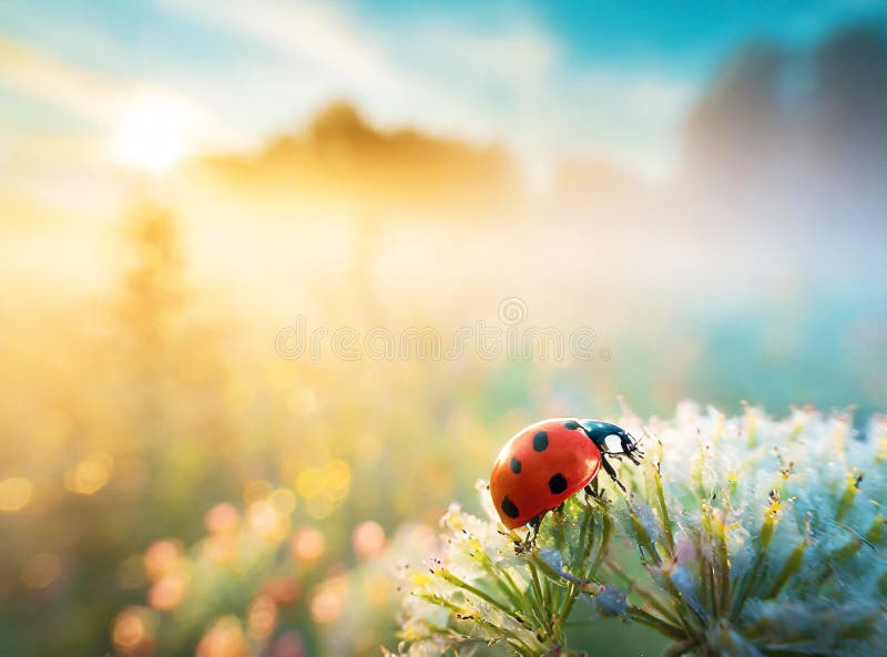 Beautiful Ladybug Climbing on the Tip of Dandelion, Generative AI