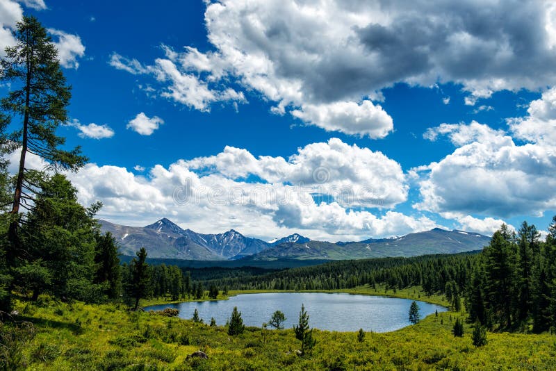 Beautiful lake in the Altai mountains, Siberia, Russia. Wild mountain lake on the background of snowy peaks. Summer landscape