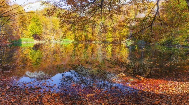 Beautiful lake in the autumn high in the mountains