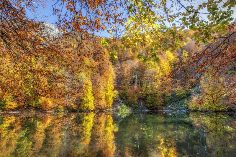 Beautiful lake in the autumn high in the mountains