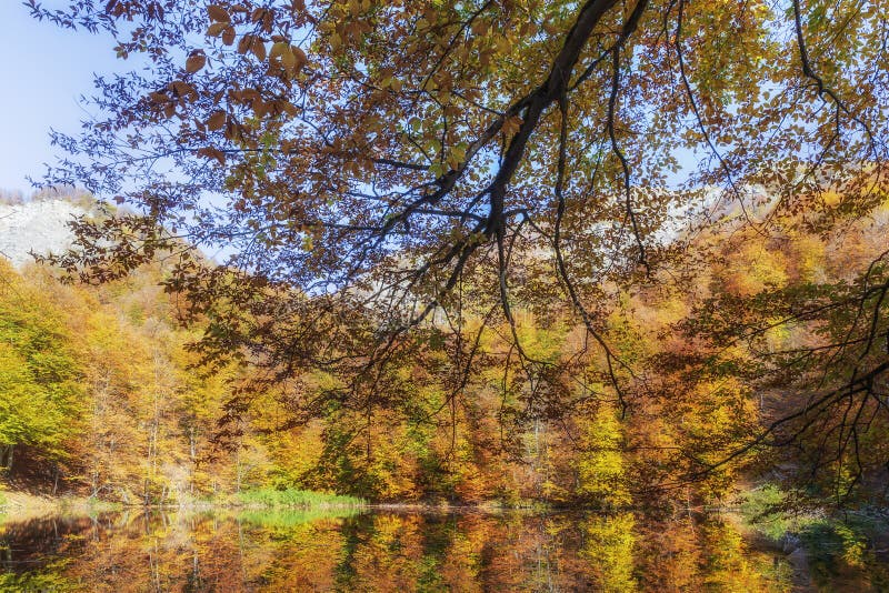 Beautiful lake in the autumn high in the mountains