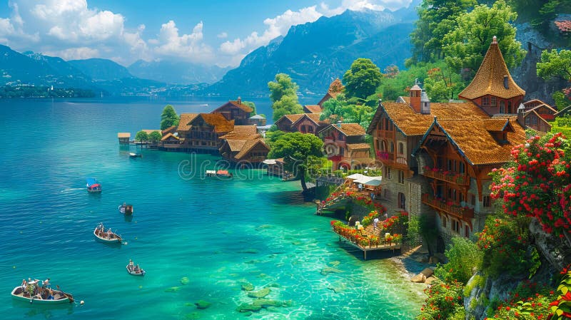 Un lac frumos cu case pe țărm stock photography