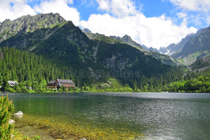 The beautiful lake Popradske pleso in the High Tatras with an alpine hotel. Slovakia