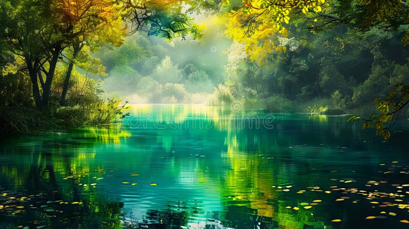 Un lac frumos cu copaci și frunze în fundal royalty free stock photos