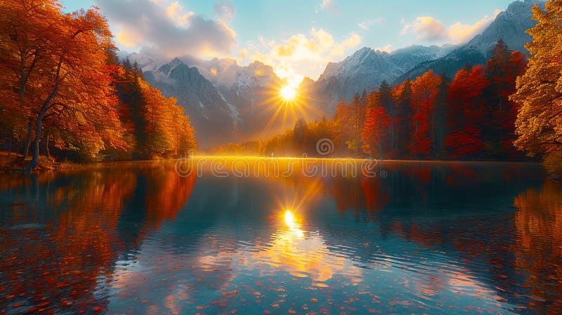 Un lac frumos cu copaci și munți în fundal stock photo