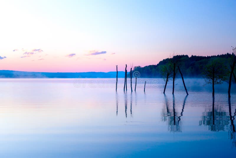 Beautiful lake view in mornig fog with trees and mystic mountains on the background in tender purple-blue tones, with stock images Beautiful lake view in mornig fog with trees and mystic mountains on the background in tender purple-blue tones, with stock images