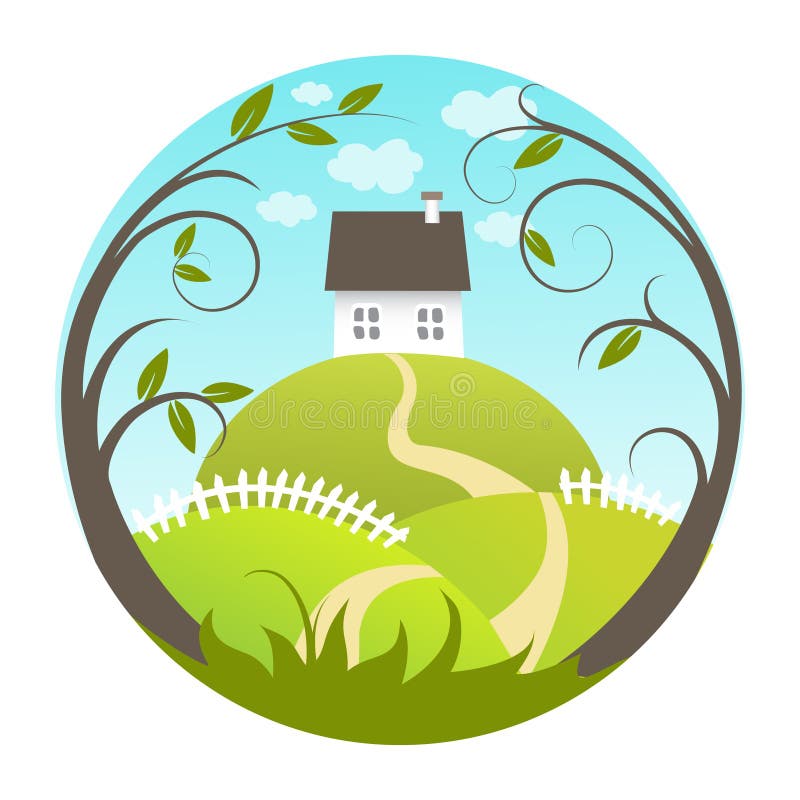Beautiful landscape with house and green hills. Backdrop simple landscape vectors