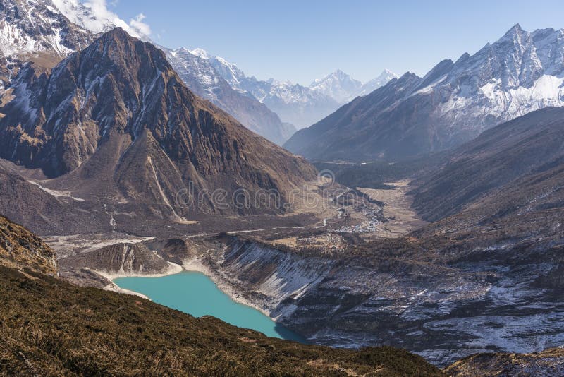 Beautiful landscape of Birendra lake view from the way to Manaslu base camp, Himalaya mountains range in Nepal