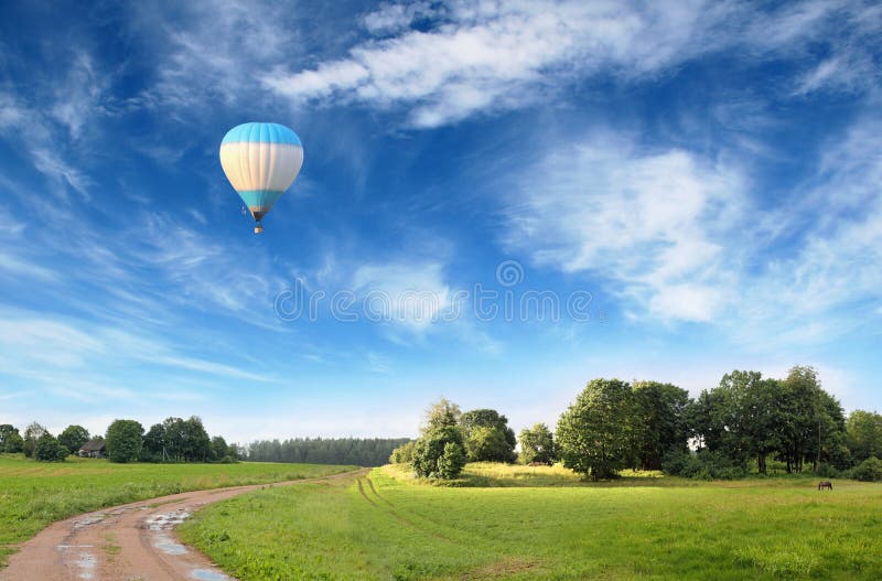 Beautiful Landscape with Flying Hot Air Ballon
